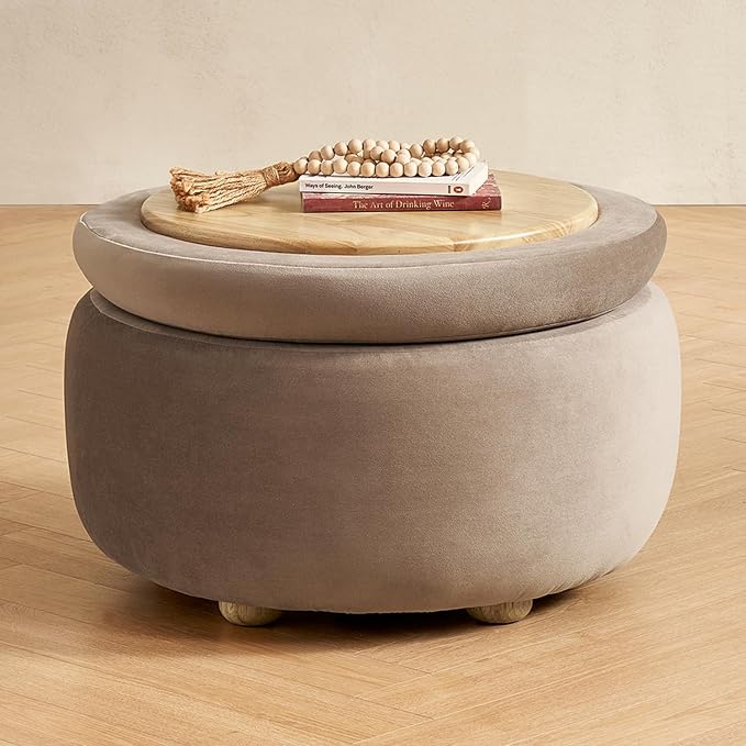 mopio Luna Round Ottoman with Storage and Tray, Round Coffee Table with Storage by MopioInc