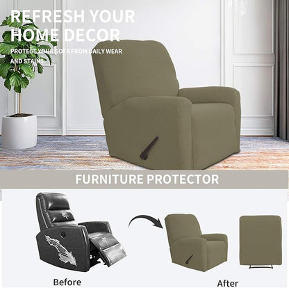 Easy-Going Recliner Stretch Sofa Slipcover Sofa Cover 4-Pieces Furniture Protector Couch Soft with Elastic Bottom Kids, Spandex Jacquard Fabric Small Checks(Recliner,Khaki)