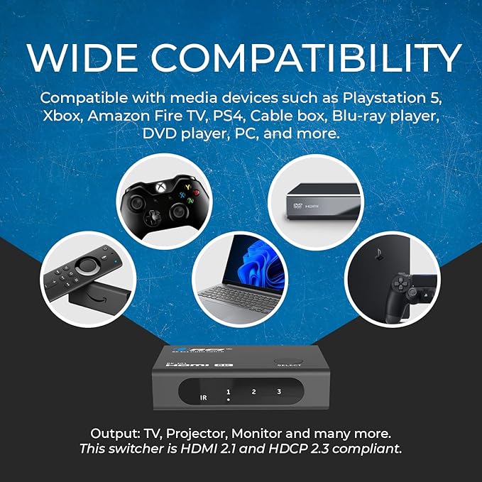 OREI HDMI Switcher with 4K@120Hz 4:4:4 / 8K@60Hz 4:2:0 - HDR10+, VRR, ALLM, QFT, CEC - 48Gbps Bandwidth - HDMI Switch with Remote – Perfect for Gaming with PS5/Xbox/PC