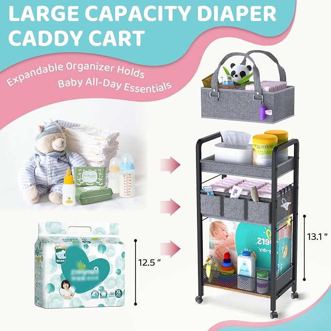 2IN1 Baby Diaper Caddy Organizer-3 Tier Rolling Storage Cart - Image 3