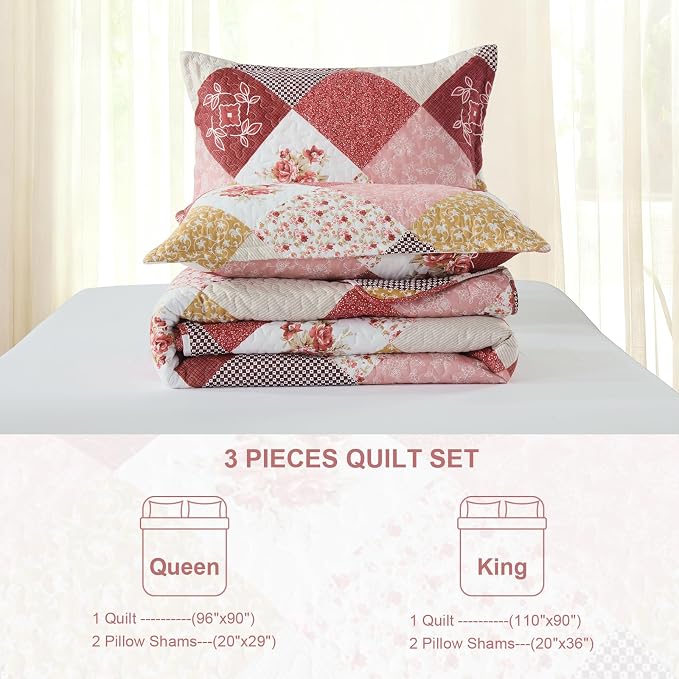 Dinjoy Boho Quilt Set Queen Size, Patchwork Floral Bedspreads, Romantic Red | - Image 9