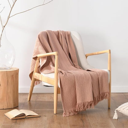 100% Cotton Waffle Blanket with Fringe, Pre-Washed Waffle Weave Blanket for All Season, Lightweight Breathable Soft Cozy Throw Blanket for Couch, Bed, Travel (Dusty Pink - 50x60 Inches)