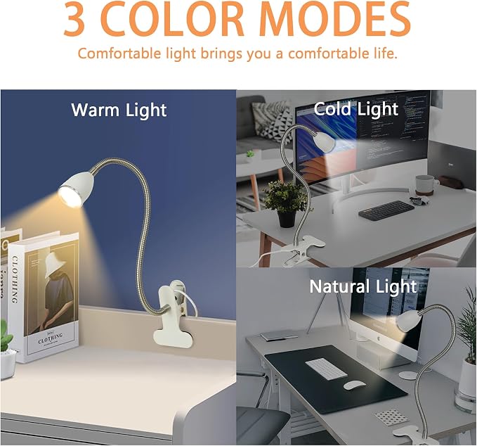 Desk lamp Eye-Caring Table Lamps, 360°Rotation Gooseneck Clip on Lamp Reading - Image 2