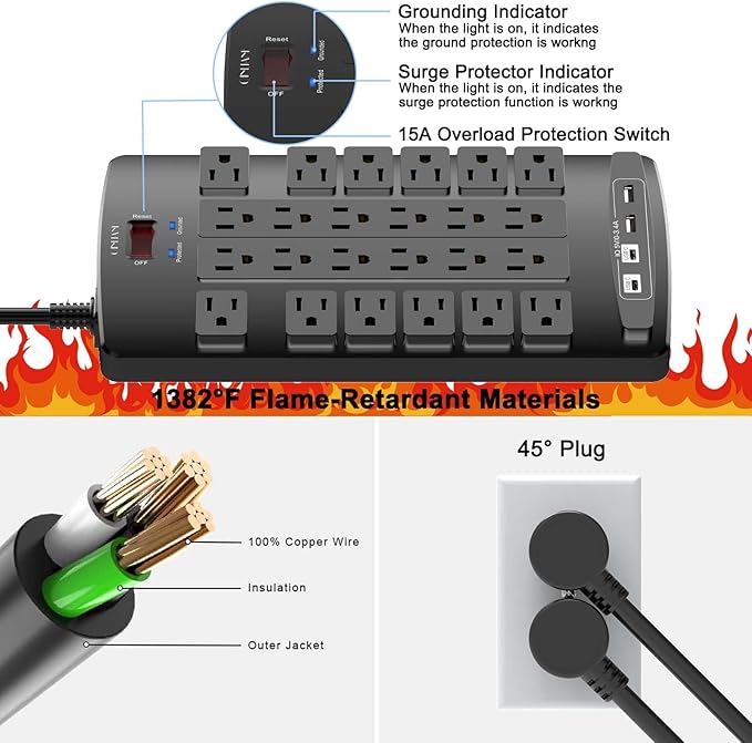Surge Protector Power Strip - QINLIANF 20Ft Flat Plug Heavy Duty Extension Cord with 24 Outlets and 4 USB Ports(1 USB-C Ports), 1875W/15A, 4100J, for Home, Office, Dorm, ETL Listed, Black