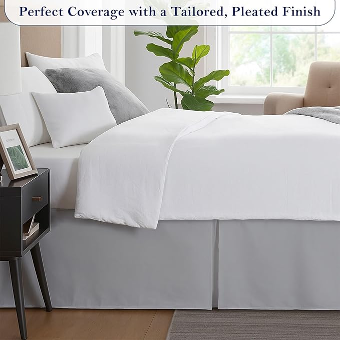 Full Bed Skirt, Luxury 21 Inch Drop Light Grey Pleated Bed Skirt, Double Brushed Microfiber, Box Pleat Design, Wrinkle & Fade Resistant, Easy Fit Tailored Bedskirt for Full Size Beds