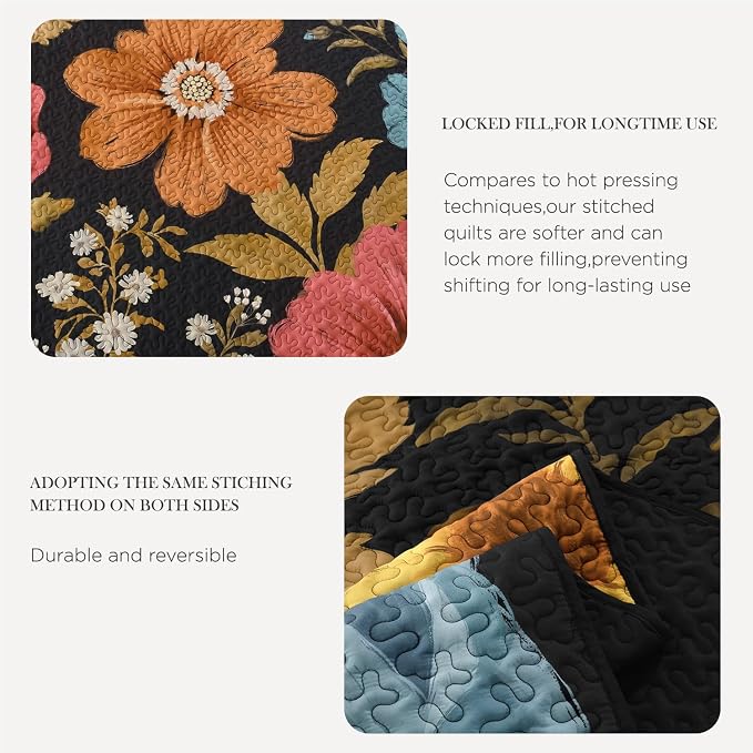 Quilt King Size, Colorful Floral Boho Summer Bedspread 3 Pieces | Golden Flower - Image 8