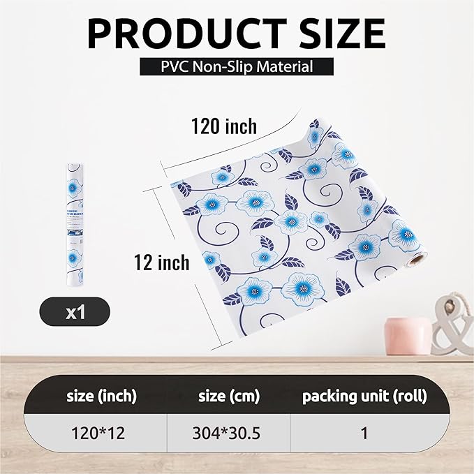 RAY STAR 12X120 Inch Shelf Liner for Kitchen Cabinets, Non-Adhesive Cabinet Liner Washable, PVC Drawer Liner for Dresser Non-Slip Bathroom (Blue Flower)(1 Roll)