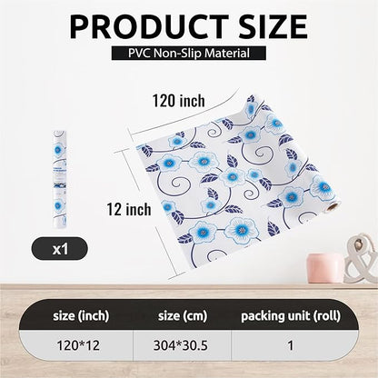RAY STAR 12X120 Inch Shelf Liner for Kitchen Cabinets, Non-Adhesive Cabinet Liner Washable, PVC Drawer Liner for Dresser Non-Slip Bathroom (Blue Flower)(1 Roll)