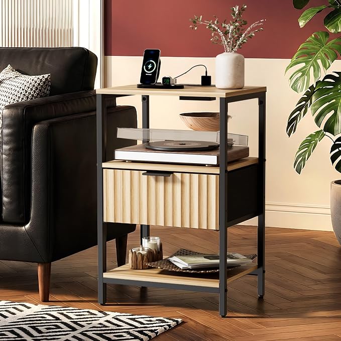 VINGLI Night Stand with Charging Station and Fabric Drawer, Fluted Nightstand - Image 7