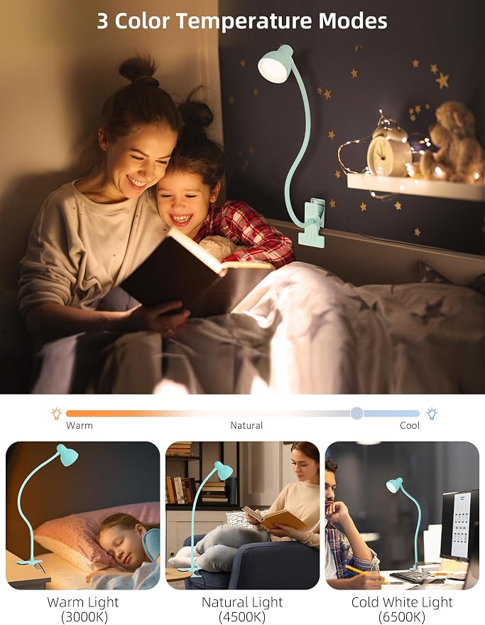 LiFMIRA Reading Light for Bed, Clip-on Desk Lamp 3 Color Modes Teal | 10 - Image 2