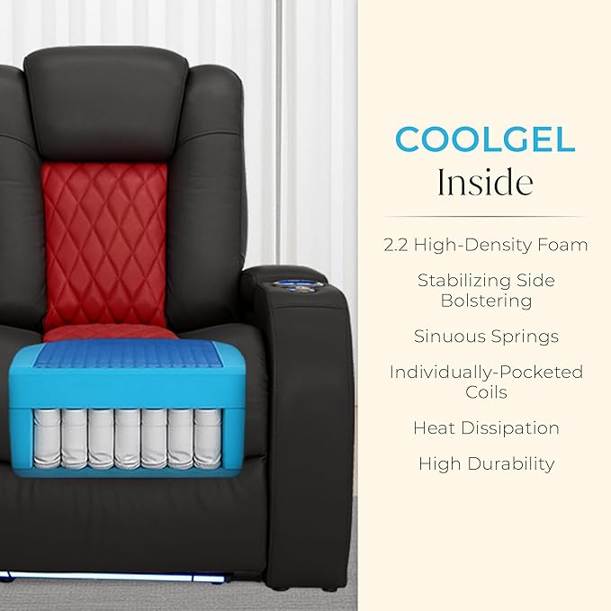 Seatcraft Diamante Zero-Gravity CoolZero Italian Leather Home Theater Seating, Power Headrest, Power Recline, Row of 5 Middle Sofa, Black/Red