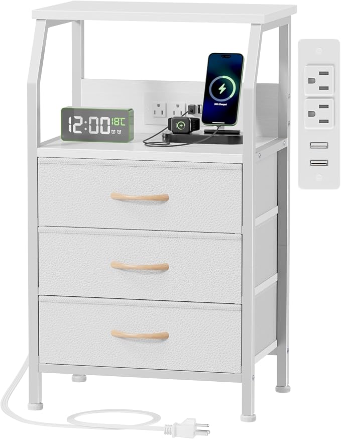 White Nightstand with Charging Station, 3 Drawers Bedside Table | 28.3 Inch by Furnulem