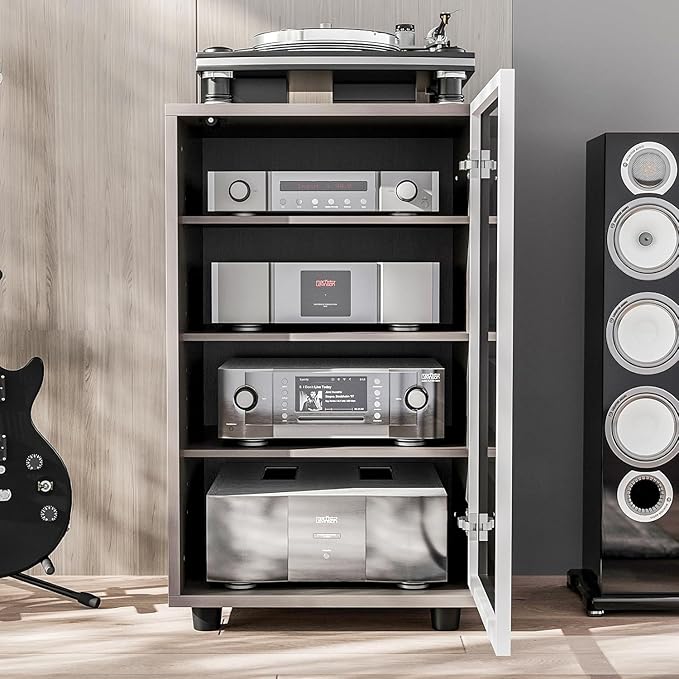 Media Storage Cabinet with Tempered Glass Door, 3 Adjustable Shelves Stereo Cabinet with Cable Management, AV Rack for Living Room/Gaming Setup/Home Studio Audio Rack (Grey)