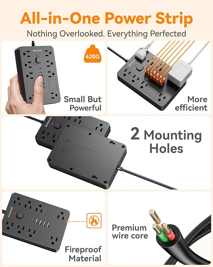 Bawmwim Surge Protector Power Strip - 8 Outlets(1850W/15A) with 6 USB Ports（2 USB C, 10FT Flat Plug Extension Cord, Wall Mount Multi Plug Outlet Extender, ETL Listed for Home, Dorm Room, Black