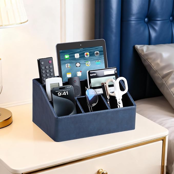 PU Leather Desk Organizer, Remote Control Holder, Dark Blue | Luxury Nightstand - Image 6