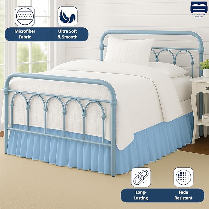 Cottingon Ruffled Bed Skirt with Split Corners-Dust Ruffle - 14" Drop 100% Microfiber Soft,Sheen & Luxurious Look - Bed Skirts (Light Blue -Twin)