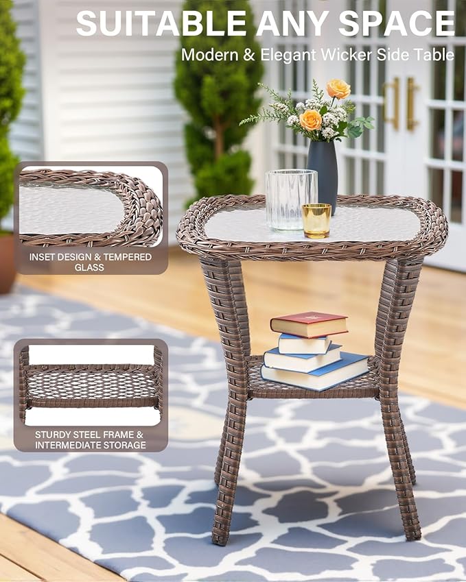 Belord 6" Thick Cushion Outdoor Swivel Rocker Patio Chairs Set of 2,3 Piece Wicker Patio Bistro Set with Side Table and Comfort High Back Outdoor Patio Glider Chair Brown Wicker/Blue Cushion