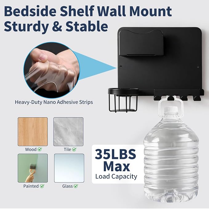 Metal Bedside Wall Shelf, No Drill, - Image 6