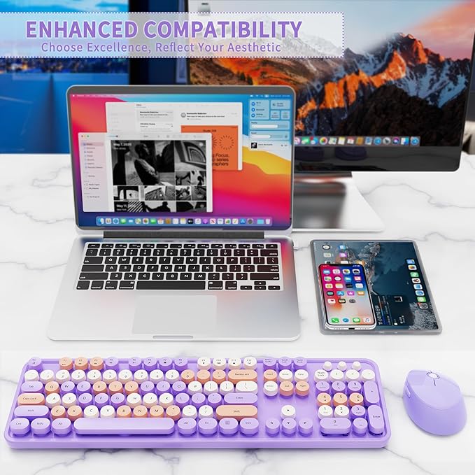 Nowlike Wireless Keyboard and Mouse Combo, Retro Typewriter Keyboard with Round Keycaps, Full-Size Ergonomic, Purple, Ideal for Windows PC, Home, Office, and College