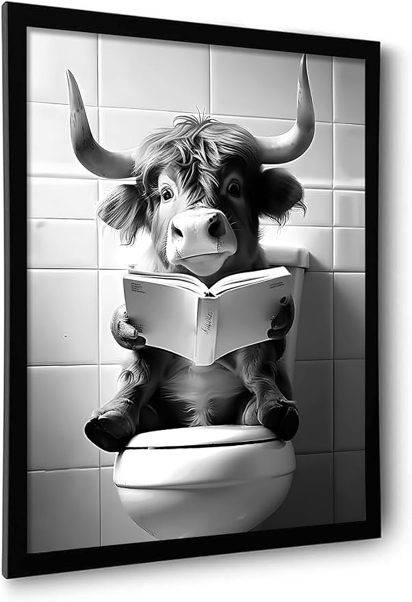 OIQArtOIQ Funny Bathroom Framed Wall Art Black and White Animal Canvas Wall Art by OIQArtOIQ