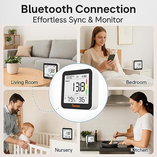 Temtop M10+ Indoor Air Quality Monitor, CO2 Monitor for Home, 6-in-1 PM2.5 & VOC Detector, E-Ink Display, 60-Day Battery, App-Connected Temperature & Humidity Sensor