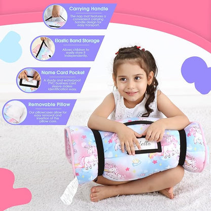 ACRABROS Toddler Nap Mat with Pillow and Blanket, Extra Large Rolled Napping Mats,Slumber Bags for Boys Girls,Kids Sleeping Bag for Daycare, Preschool Travel Camping,Colorful Unicorn