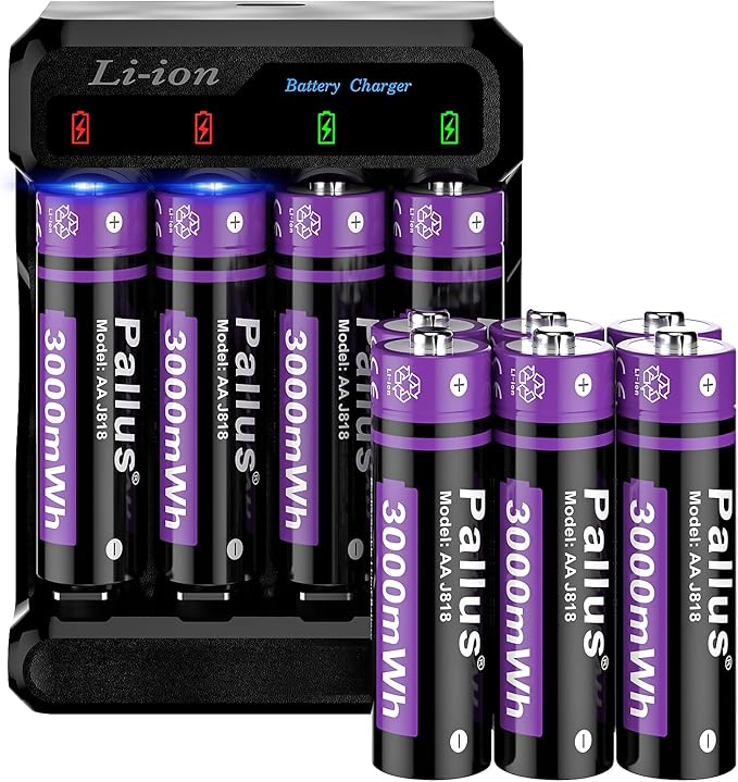 Pallus Lithium Rechargeable AA Batteries with Fast Charger - 12 Pack Long Lasting Double A Battery, Standard Size AA Batteries, High Capacity AA Rechargeable Batteries for Blink Camera, Cycles 1600x