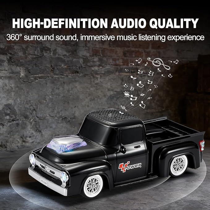 Vintage Pickup Truck Bluetooth Speaker, Retro Truck Model with HD Sound, Built-in Mic, LED Party Lights, TWS Dual Pairing, Multi-Interface Output, Portable Outdoor Speaker for Parties & Beach (BLACK)