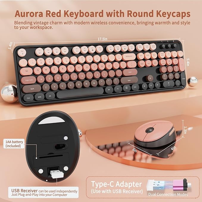 Nowlike Wireless Keyboard and Mouse Combo, Retro Typewriter Keyboard with Round Keycaps, Full-Size Ergonomic, Aurora Red, Ideal for Windows PC, Home, Office, and College