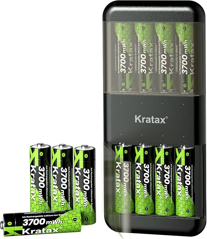 Kratax 3700mWh AA Rechargeable Lithium Batteries with Charger, 12pack high Capacity Double A li-ion Batteries 1.5v, Long Lasting, Ultra-Thin Battery Charger with AA Lithium Battery Rechargeable