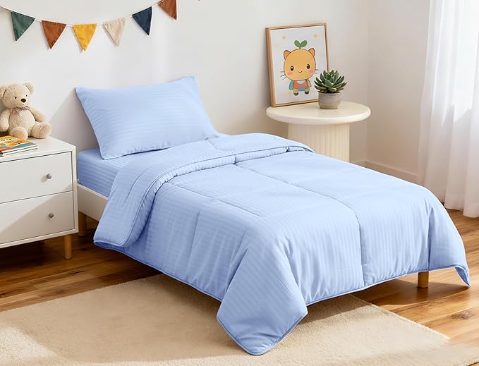 ZPECC Toddler Bedding Set - 4 Piece Hypoallergenic Baby Crib Bedding Set for Boys and Girls, Includes Toddler Comforter, Flat Sheet, Fitted Sheet and Pillowcase, Baby Blue