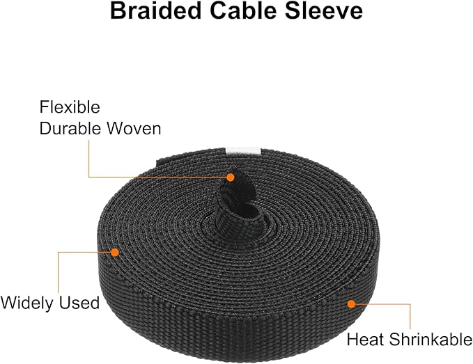 MECCANIXITY Braided Cable Sleeves Heat Shrinkable Fabric Sleeving, 5/16" 10ft Black 2:1 Ratio Heat Shrinkable Cord Protector for Harness Cable, Network Cable Protection, Cable Management