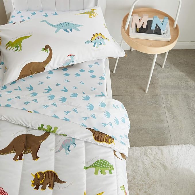 4 Pieces Toddler Bedding Set Dinosaur White with Colorful Dinos and Monsters Toddler Comforter Sheet Set for Autumu and Winter Includes Comforter, Flat Sheet, Fitted Sheet and Pillowcase