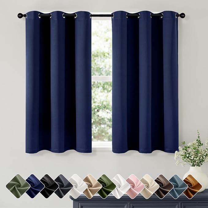 Short Navy Blue Blackout Kitchen Curtain W40 x L45 Inch 2 Panels | Thermal by Woaboy