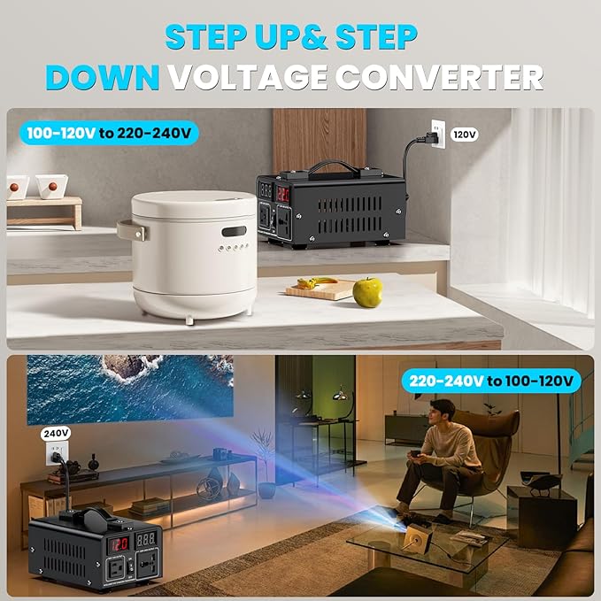 500W Voltage Converter Transformer(110V to 220V or 220V to 110V) Step Up/Down Converter 110/120 Volt - 220/240 Volt w/US Power Cord,Circuit Breaker Protection, LCD Screen Display, Manual Setting