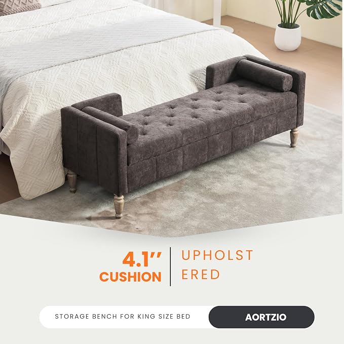 64.6" End of Bed Storage Bench for Bedroom, Dark Charcoal Brown. | Modern End - Image 5