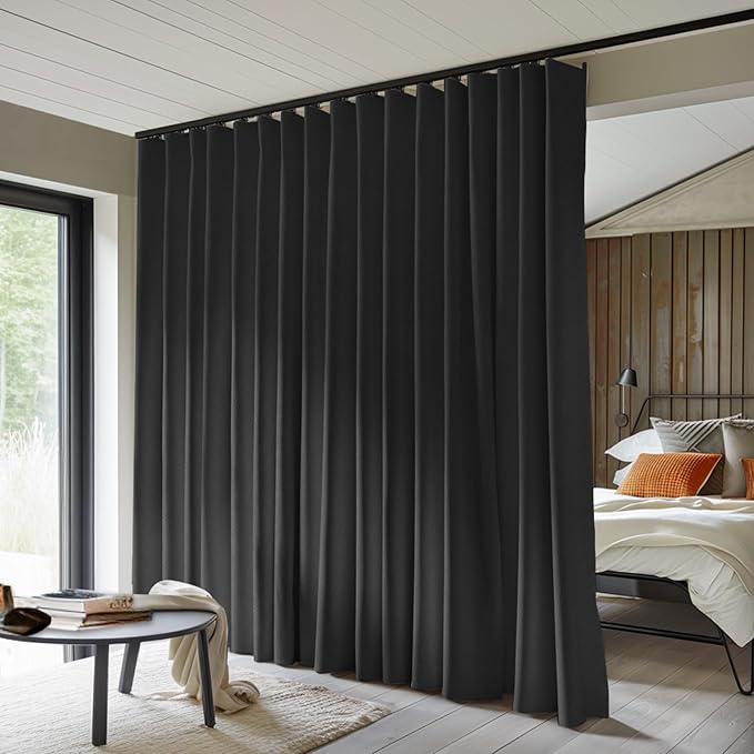 Room Divider Curtains Total Blackout Privacy Curtain Panel Room Thermal Insulated Noise Reduction Curtains for Bedroom Window Living Room Ceiling Track Curtain W 15 ft × H 8 ft Black