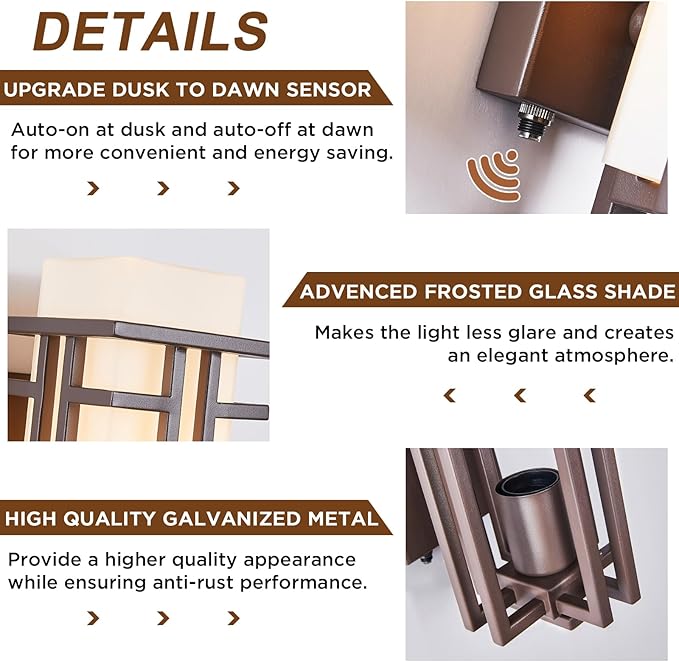 EERU Oil Rubbed Bronze Porch Light Dusk to Dawn Outdoor Sconce Matte Brown Wall Lantern with Frosted Glass Outside House Lighting Waterproof Exterior Light Fixture for Patio Yards Garage Front Door