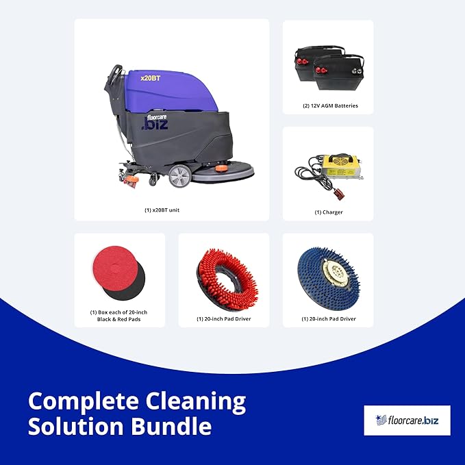 USA-CLEAN X20BT Traction Driven Auto Scrubber Machine Bundle - 20" Cleaning Path, Walk-Behind, Battery-Powered - Includes Pad Driver and Cleaning Pads
