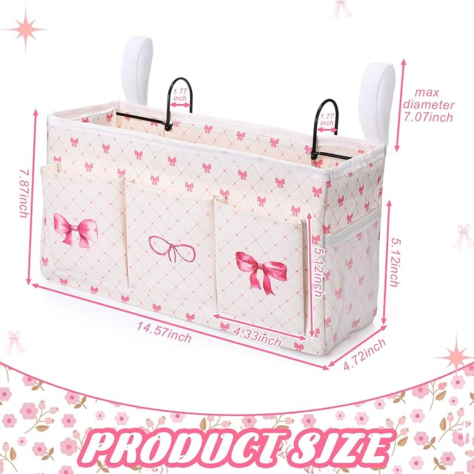 Pink Bow Bedside Caddy, Cute Bow Bedside Organizer, Bed Rail - Image 3