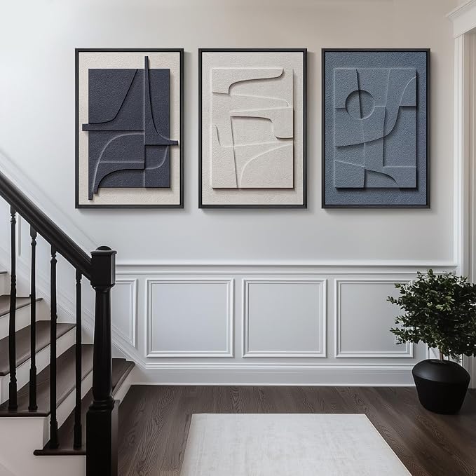 Large 3D Textured Framed Blue White Abstract Wall Art Set, 3 Piece 20x30 In | - Image 4
