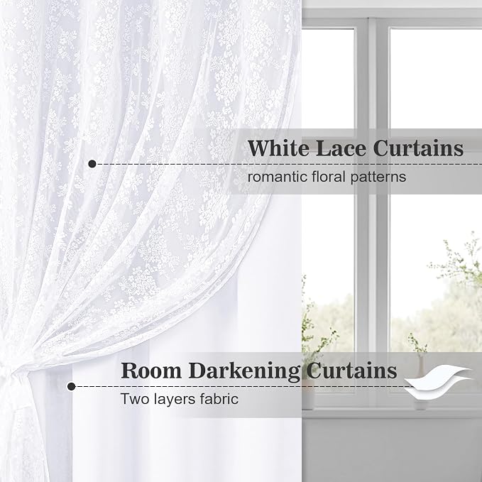 Yinhua White Kitchen Curtains 36 Inch Length Double Layer Blackout Curtains - Image 2