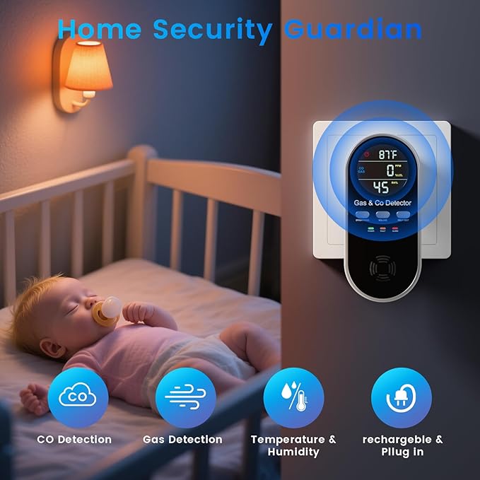 5 in 1 Carbon Monoxide Detectors Plug in with Temperature Humidity Sensor Built in Battery Backup, Natural Gas Leak Detector with Clear LED Display Sound & Light Warning for Home/Hotel, 2Pcs, Black.