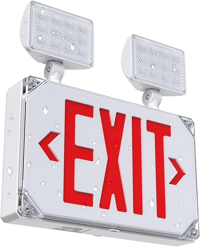 Wet Location Emergency Exit Signs with Adjustable Lights Battery Backup, UL Listed Double Face Exterior Led Exit Sign Combo, Hardwired Waterproof Red Exit Light, AC 120/277V, Wall/Side Mount (1 Pack)