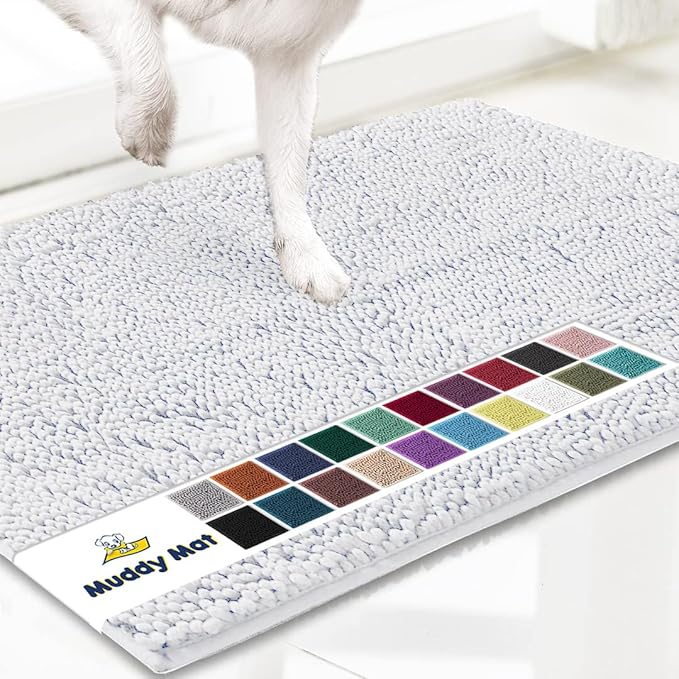 Muddy Mat® Original Dog Door Mat for Muddy Paws, Super Absorbent Microfiber, Non-Slip Washable Pet Rug, Quick Dry Chenille Entryway Carpet, Machine Washable Indoor Outdoor mat, White 48"x72"