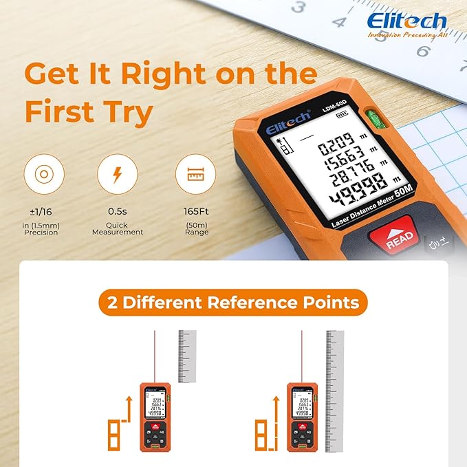 Elitech Laser Measuring Tool 165ft, Digital Laser Tape Measure with Dual Bubble Levels, 99 Data Memory & Mute, Ft/In/M High Precision Measuring Tool for Home Renovation & Decoration (Battery Included)