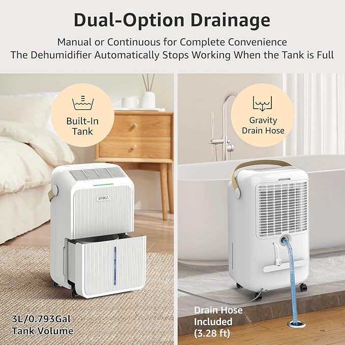 KNKA 2500 Sq.Ft Dehumidifiers for Home with Drain Hose Max 34 Pints, Dehumidifier for Basement, Bedroom, Bathroom, Large Room, Three Modes, Intelligent Humidity Control, Dry Clothes, 24HR Timer