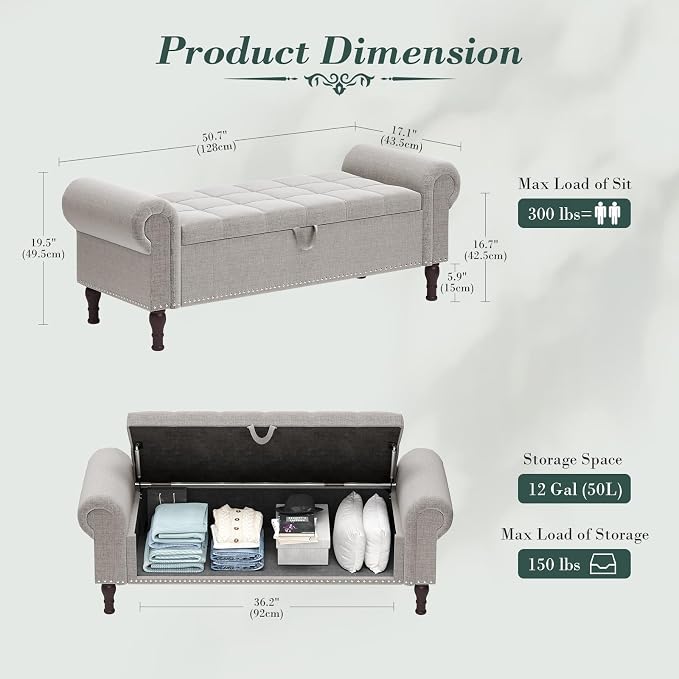 Apicizon 51” Bench with Storage, Upholstered Tufted Button Bedroom Bench with - Image 2