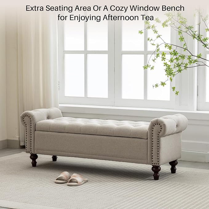 SOFTHION 58.1" Storage Bench for Bedroom, Linen Upholstered, Light Brown | End - Image 7