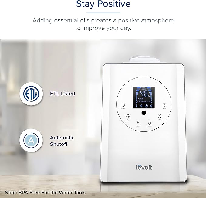 LEVOIT Humidifiers for Bedroom Large Room Home, 6L Warm and Cool Mist Ultrasonic Air Vaporizer for Plants and Whole House, Built-in Humidity Sensor, Essential Oil Diffuser, Whisper Quiet, Timer, White